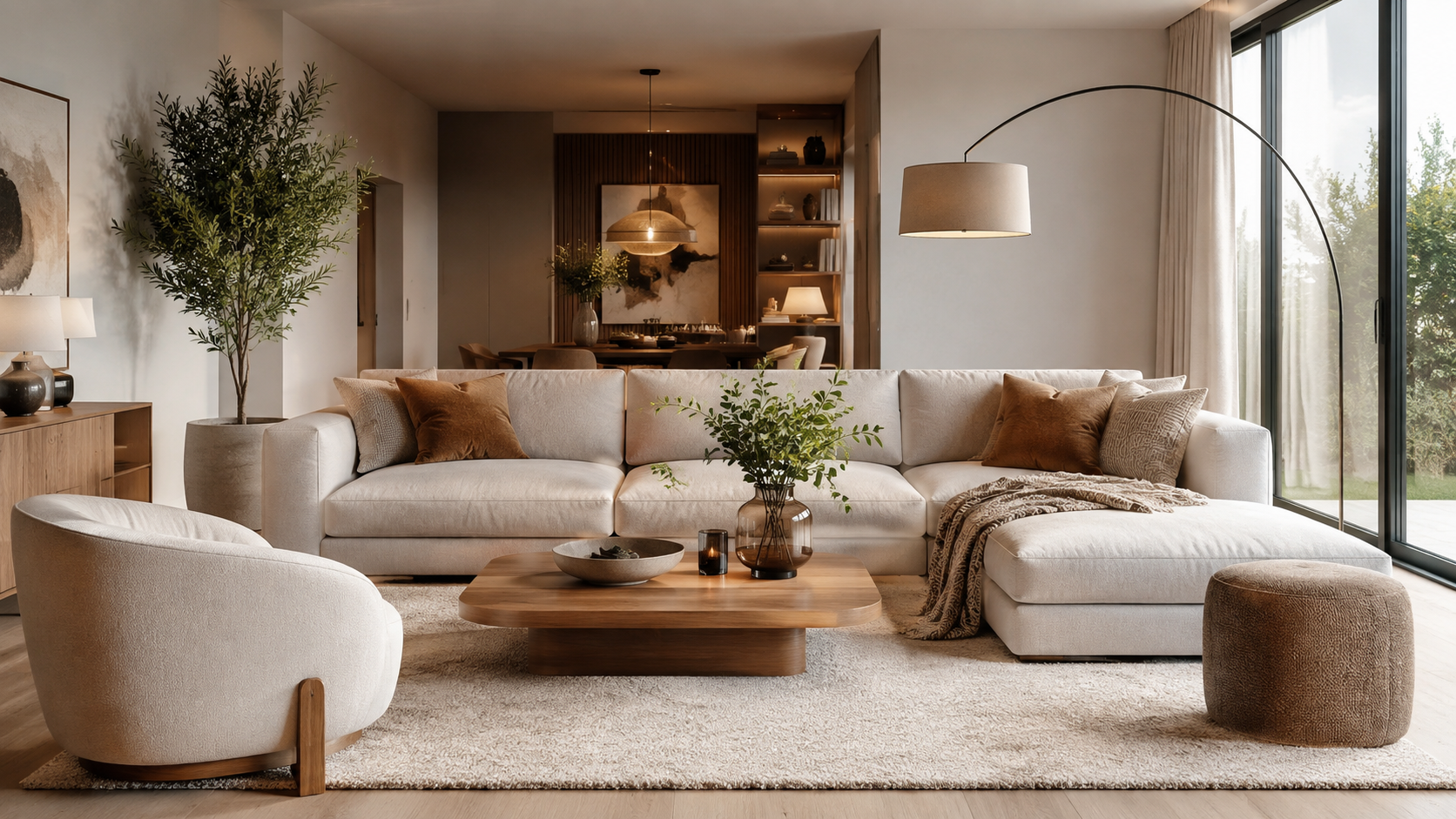 Moderne woonkamer met bank, salontafel en woondecoratie